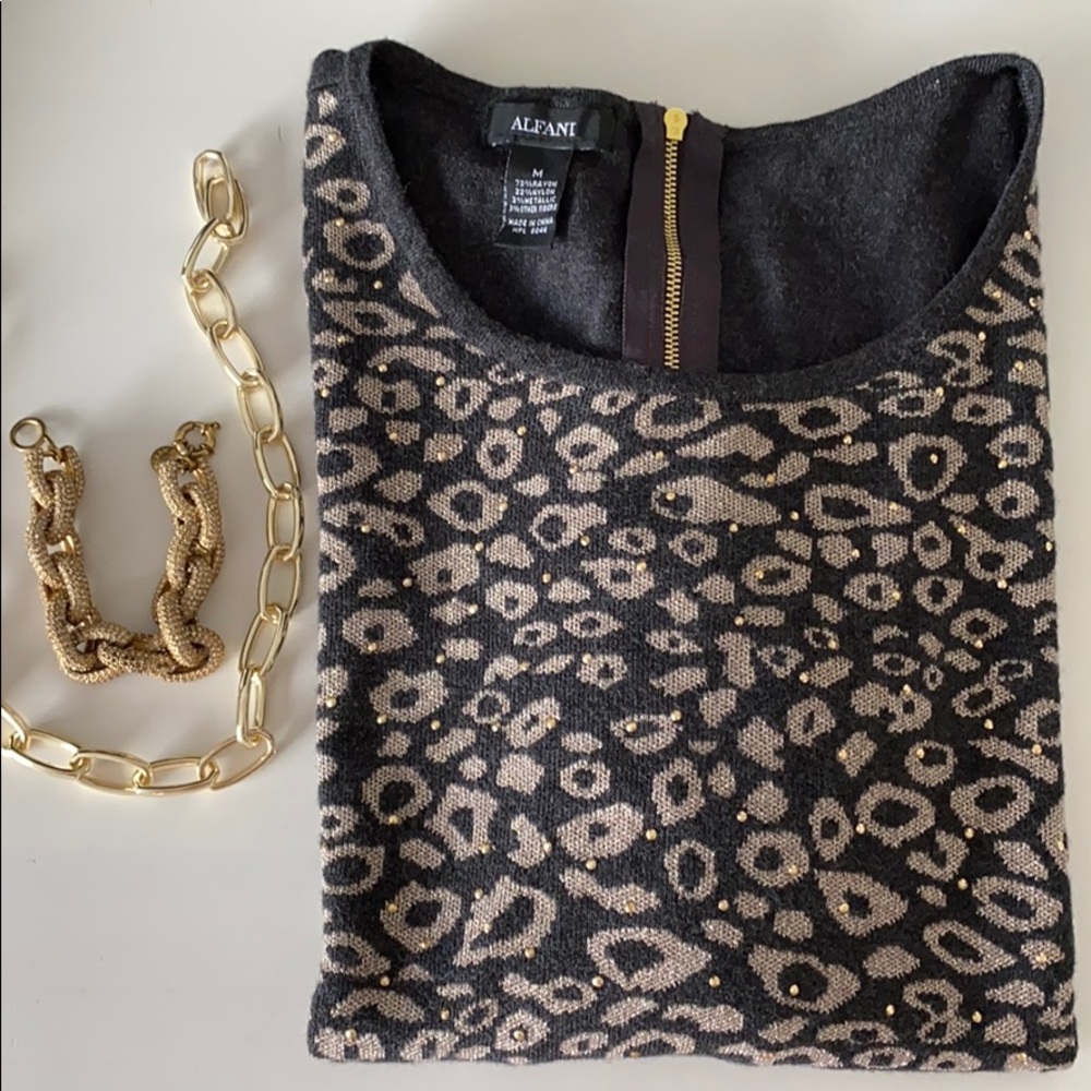 Alfani - Leopard Front Embellished Gray Sweater